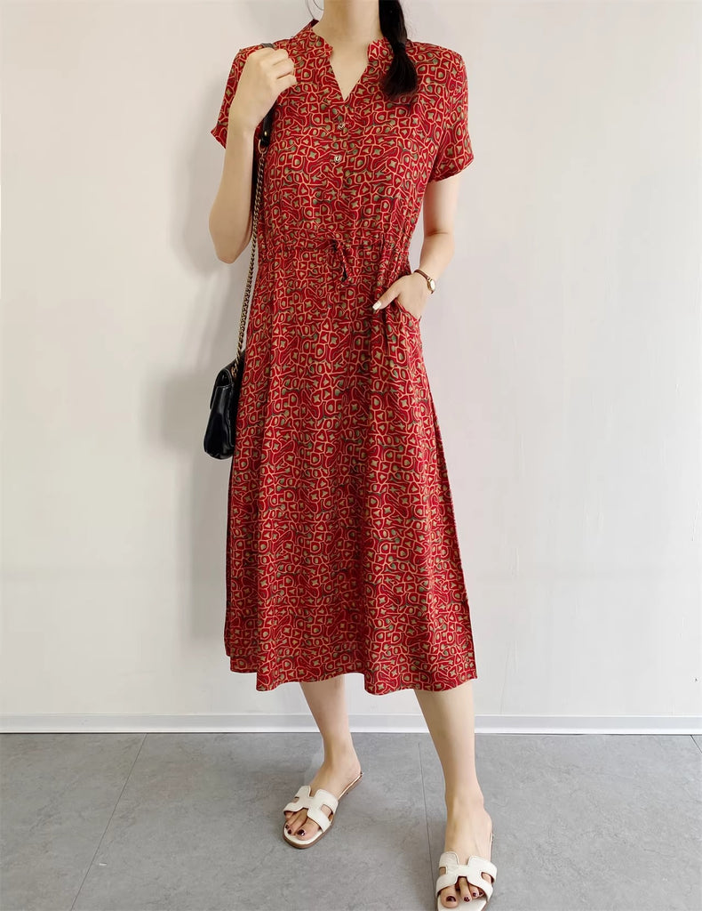 Plus Size Notch Neck Drawstring Midi Dress
