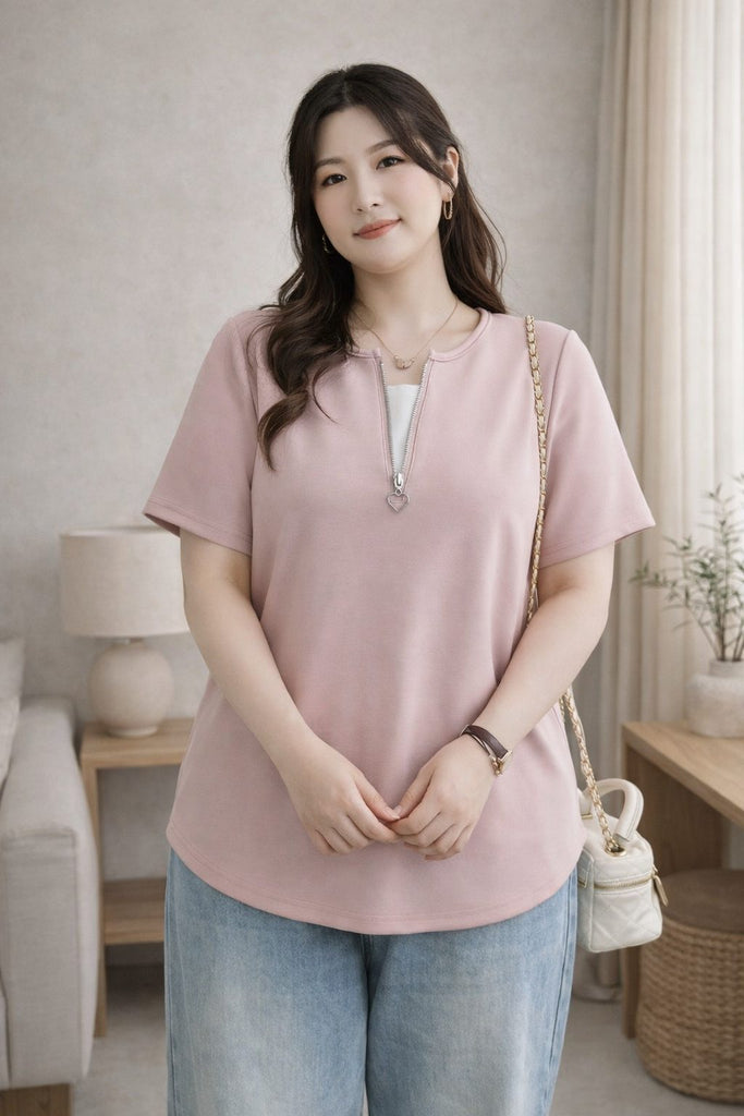 plus size pink notch neck t shirt heart zipper front view