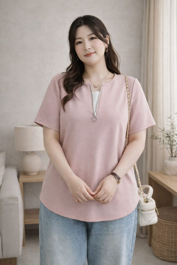 plus size pink notch neck t shirt heart zipper front view
