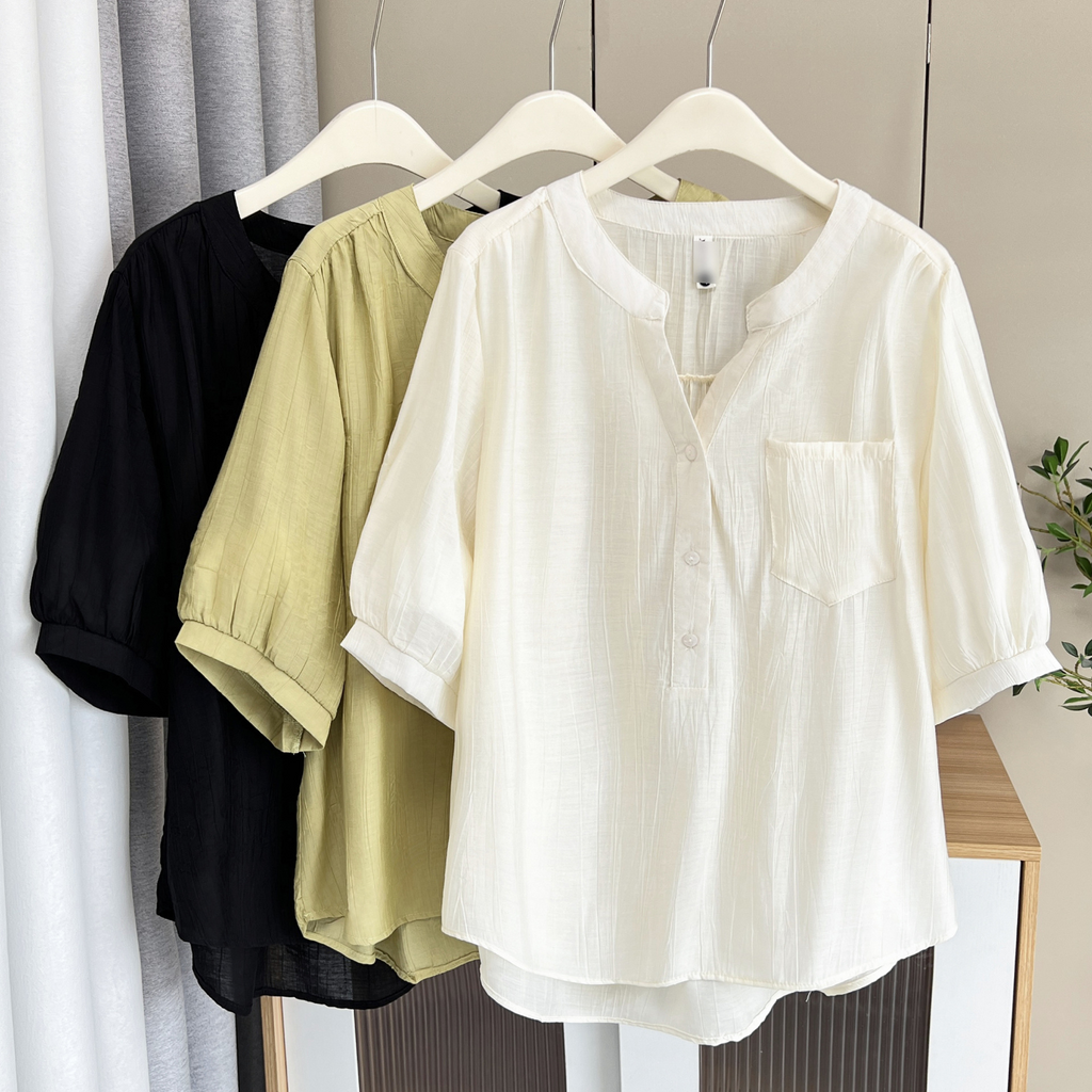 Plus Size Notch Neck Loose Balloon Sleeve Blouse