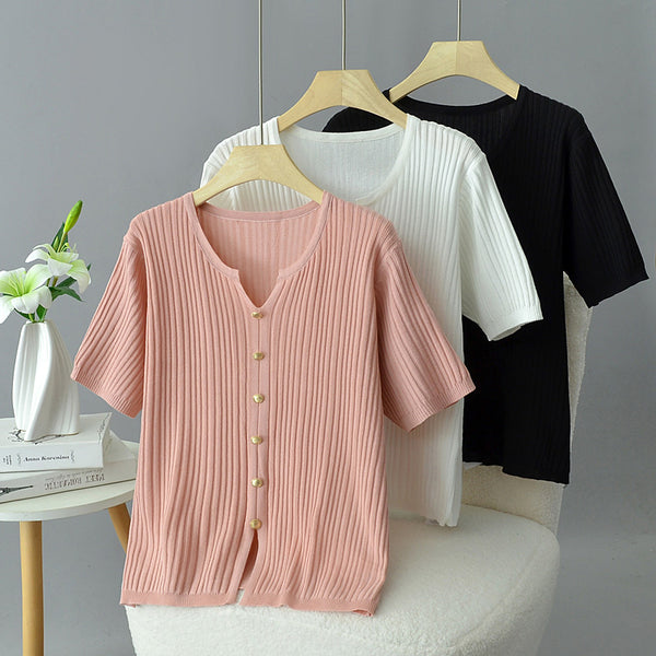 Plus size notch neck knit rib short sleeve blouse