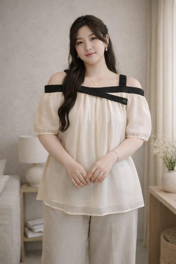 plus size cream off shoulder blouse black trim front view