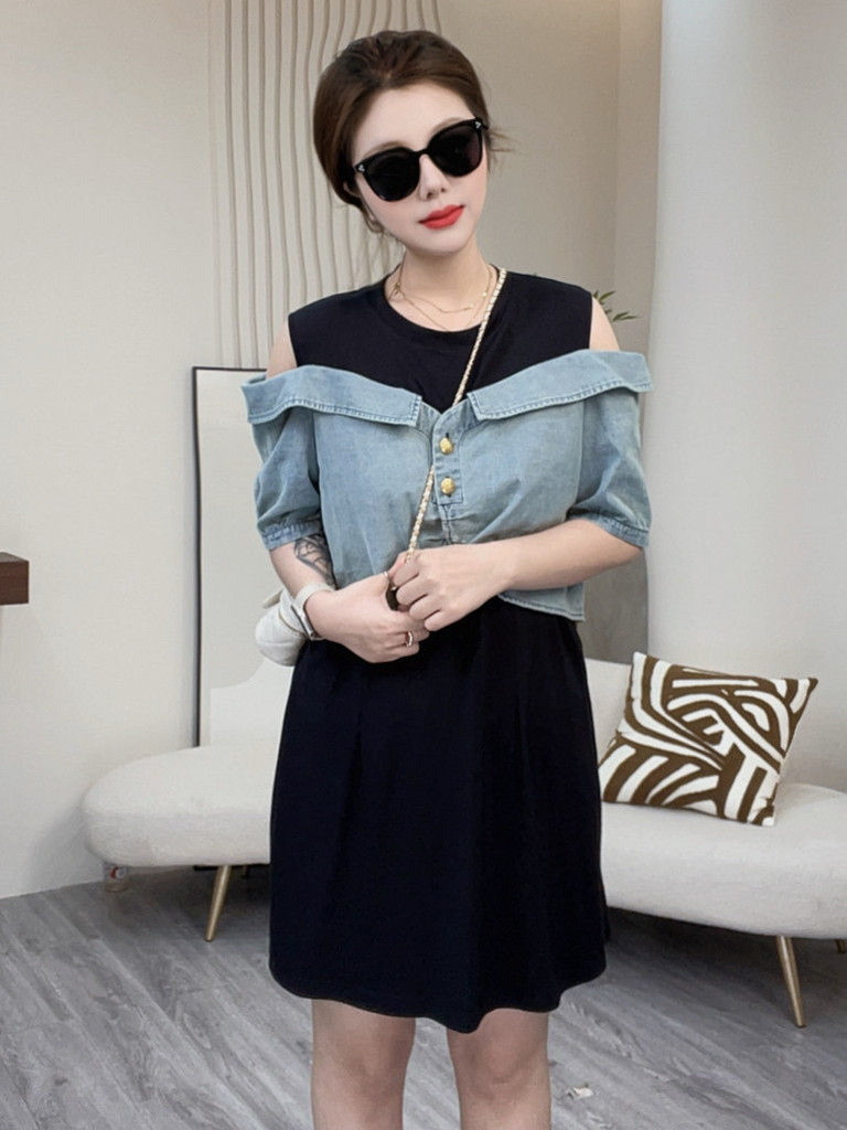 black off the shoulder denim dress Mini off-shoulder denim dress - Dresses and Jumpsuits - Women
