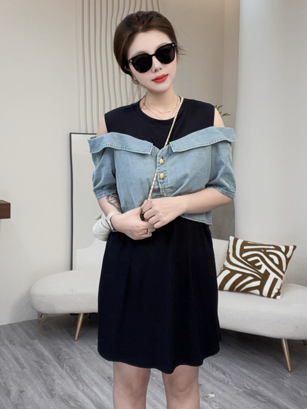 Plus Size Off Shoulder Denim Cover On Black Dress