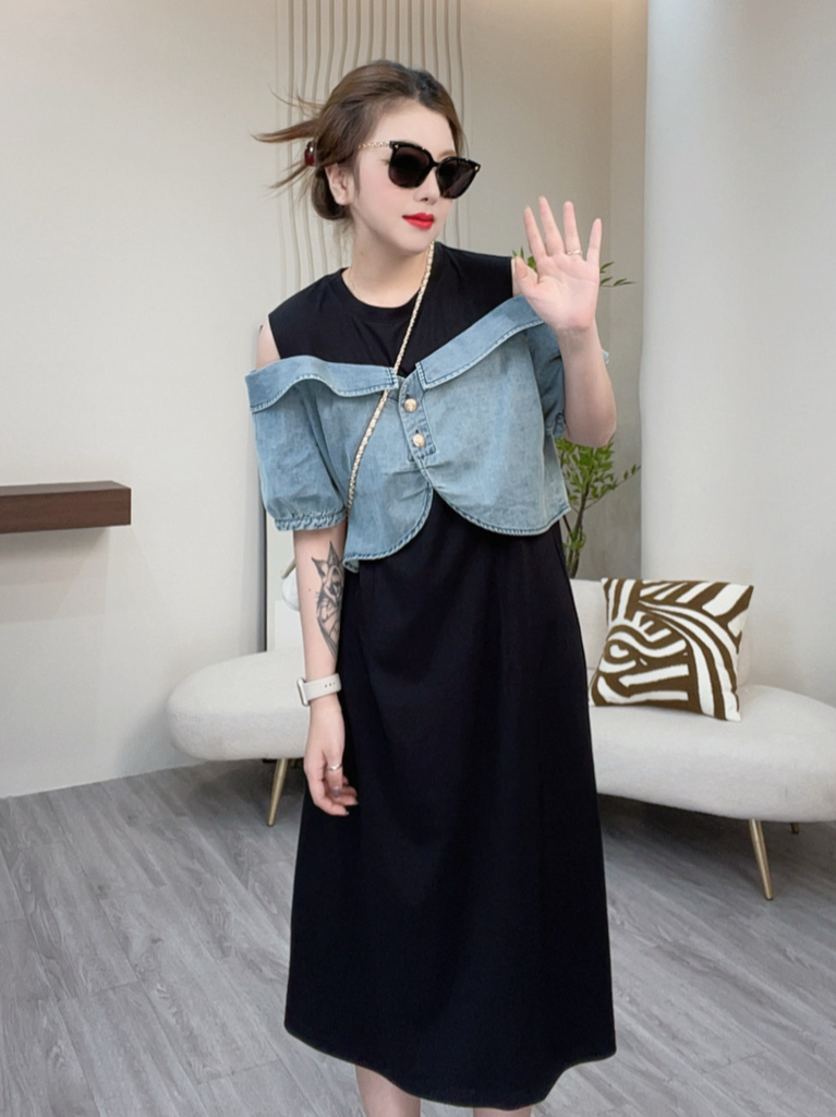 Plus Size Off Shoulder Denim Cover On Black Dress Pluspreorder Plus Size Off Shoulder Denim Cover On Black Dress Pluspreorder