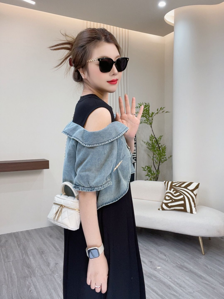 off shoulder plus size denim dress Plus Size Off Shoulder Denim Cover On Black Dress – Pluspreorder