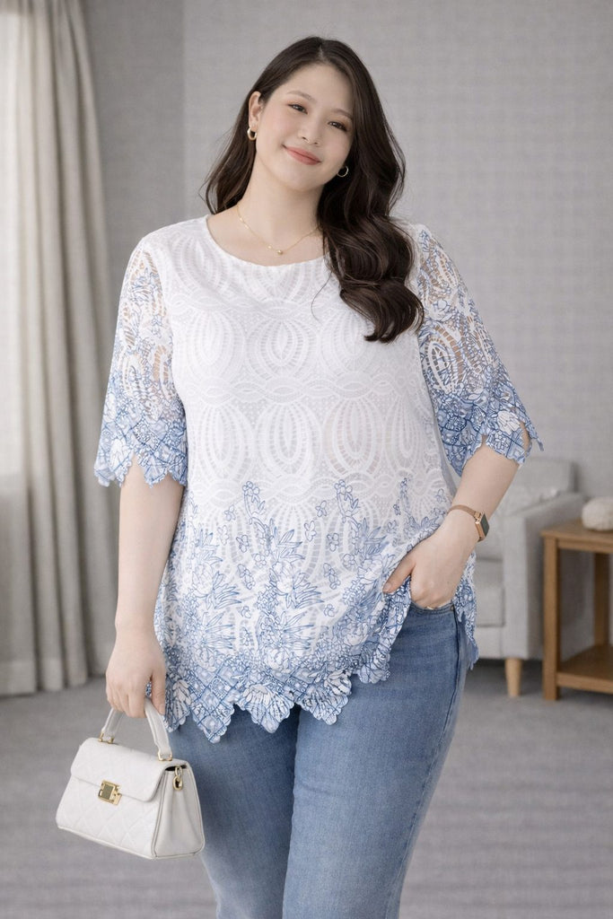 plus size ombre lace short sleeve blouse