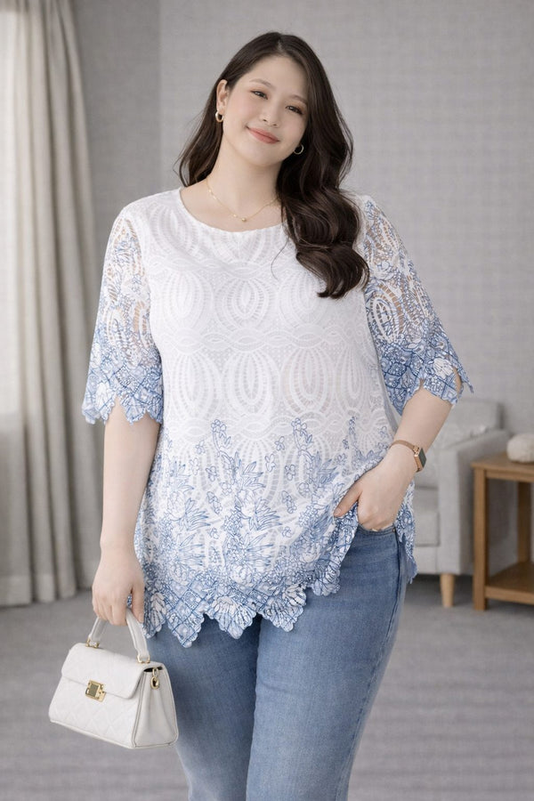 plus size ombre lace short sleeve blouse