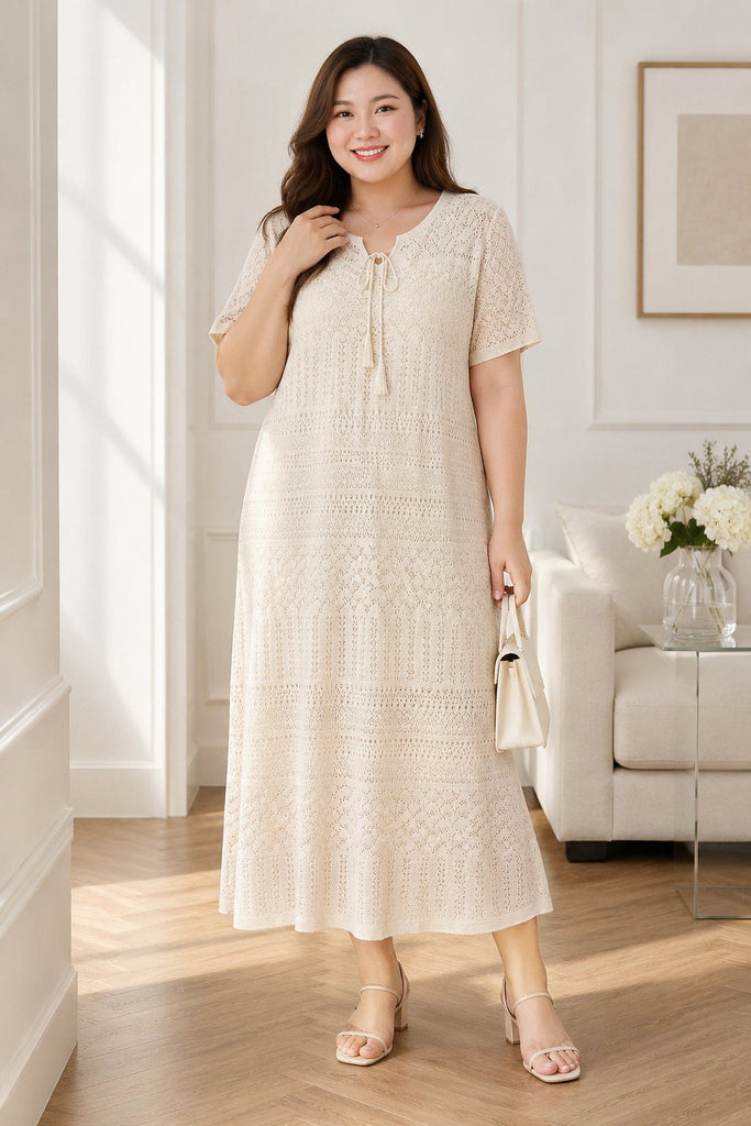 Plus size open knit midi dress with matching cami dress set in cream