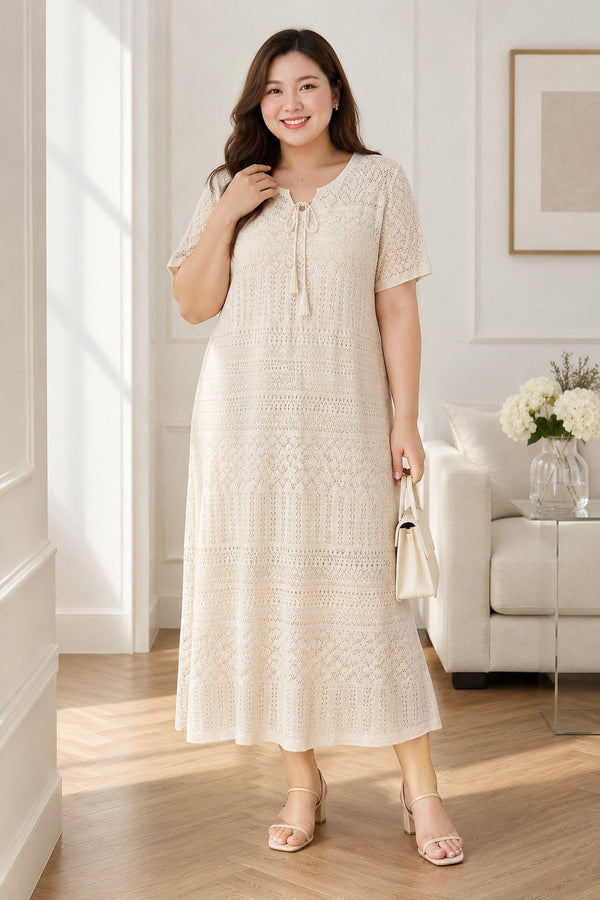 Plus size open knit midi dress with matching cami dress set in cream