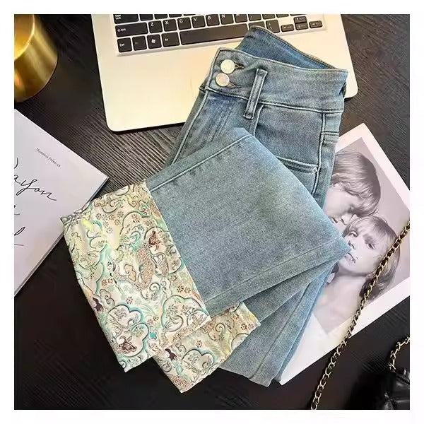 Plus Size Oriental Brocade Cuff ¾ Length Cigarette Jeans