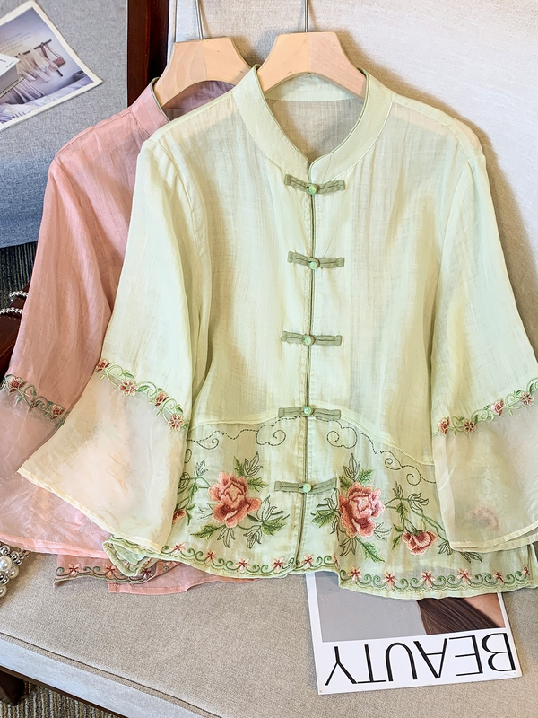Plus Size Oriental Embroidery Chinese Qipao 3/4 Sleeve Blouse
