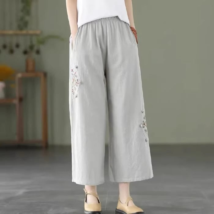 Plus Size Oriental Embroidery Waistband Culotte Pants