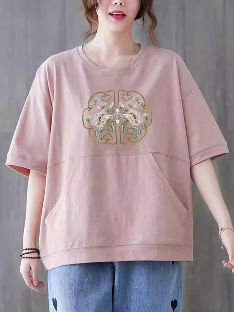 Plus Size Oriental Print Pocket Cotton T-Shirt