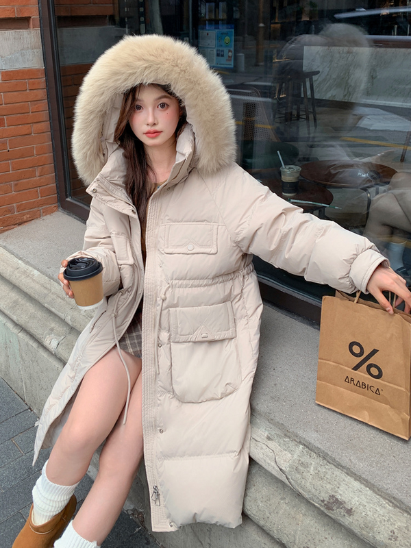 Plus Size Padded Down Long Jacket With Fur Hoody