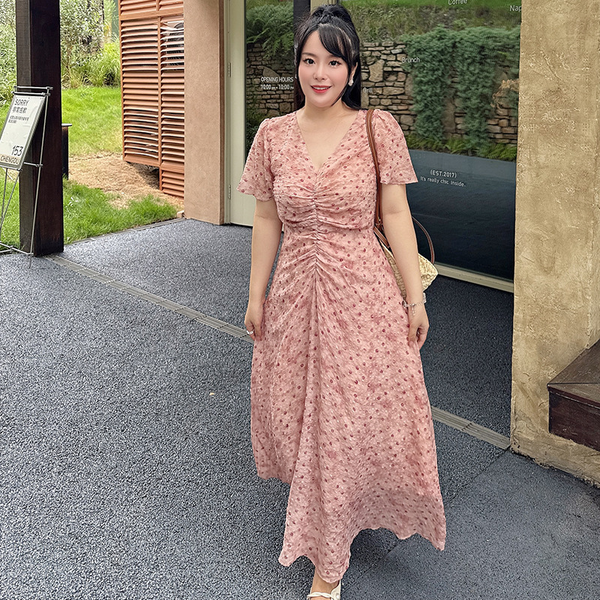 Plus Size Pastel Pink Polka Dots V Neck Midi Dress