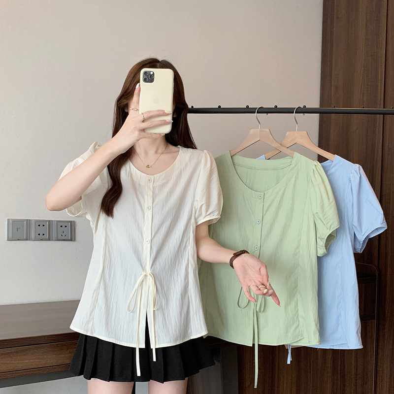Plus Size Pastel Round Neck Loose Blouse