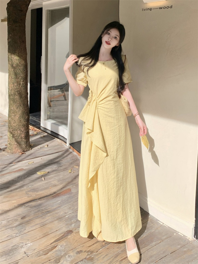 Plus Size Pastel Yellow Side Frill Midi Dress – Pluspreorder