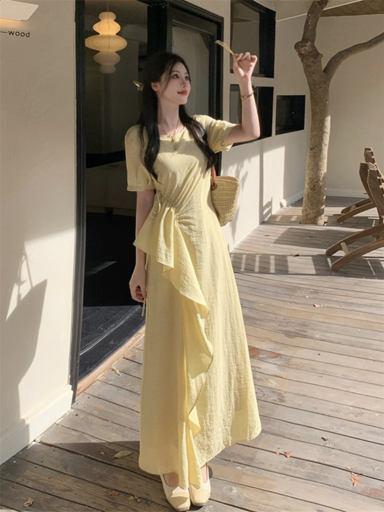 open lace back dress Strapless Long Ruffled Prom Dress with Beaded Corset Yellow / 8 main image 1