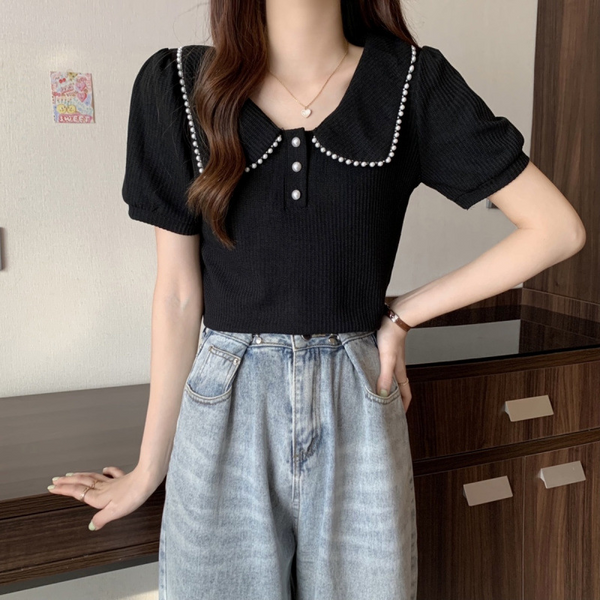 Plus Size Pearl Chanelesque Doll Collar Polo Blouse