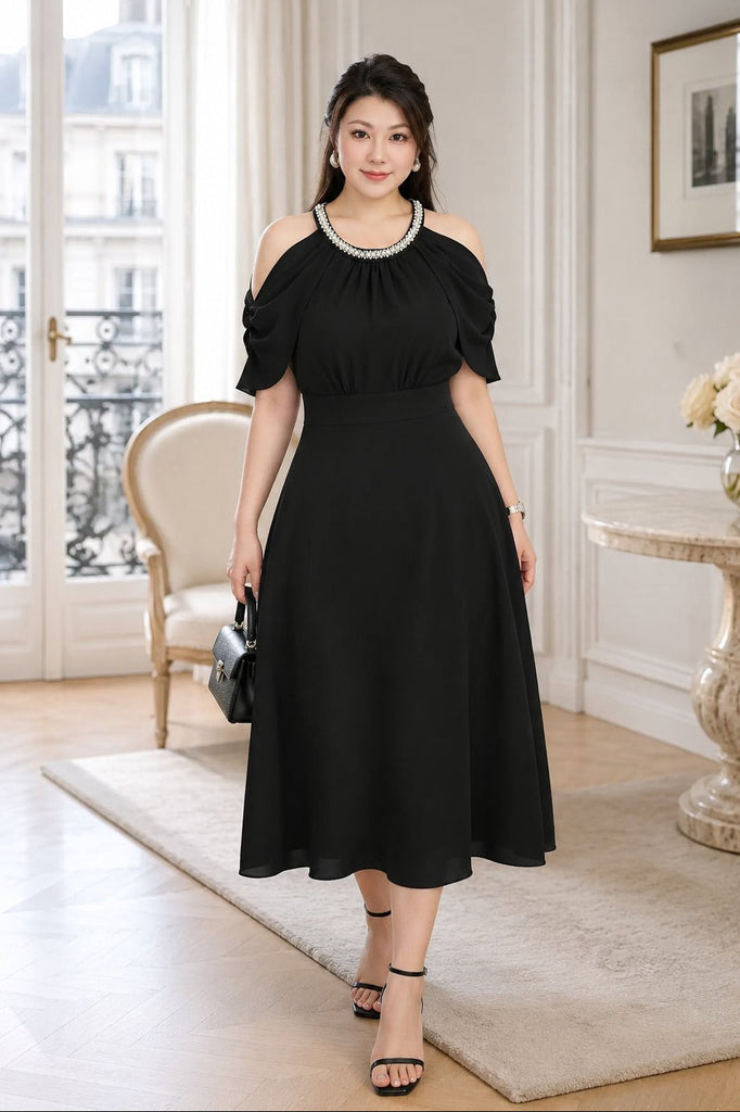 Plus size black cold shoulder midi dress with faux pearl neckline front view