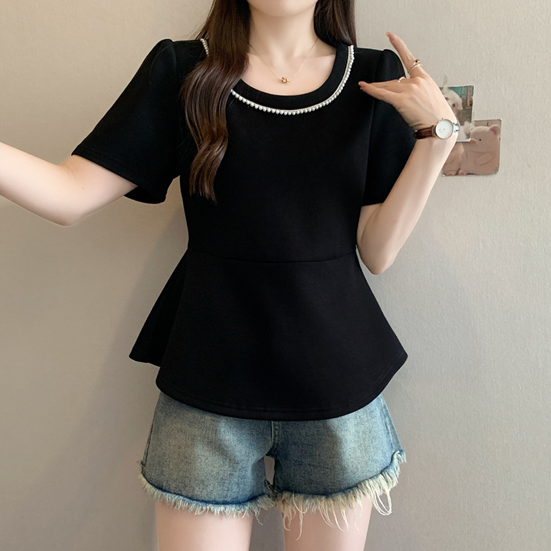 Plus Size Pearls Round Neck Peplum Blouse