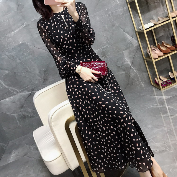 Plus Size Pebble Print Chiffon Long Sleeve Midi Dress