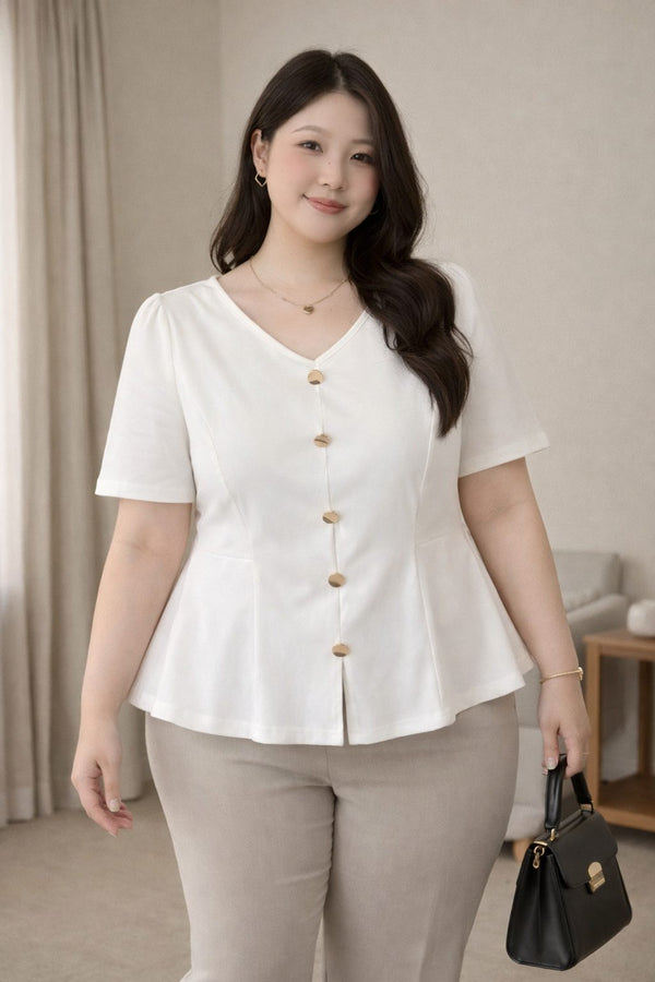 plus size white peplum blouse gold buttons front view