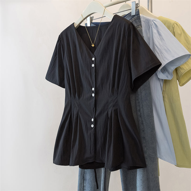 Plus Size Peplum V Neck Short Sleeve Blouse