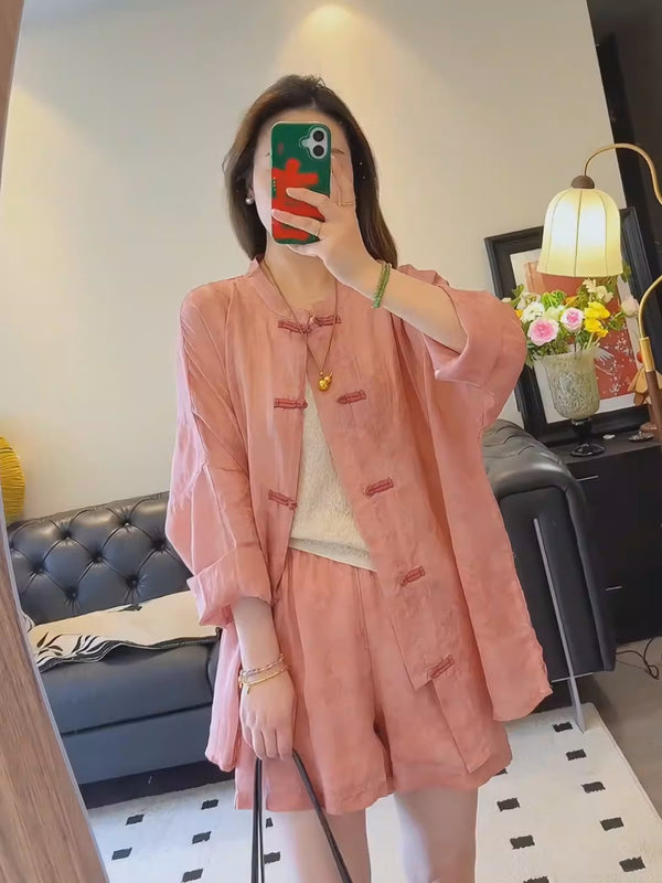 Plus Size Pink Cheongsam Shirt & Shorts Set (EXTRA BIG SIZE)