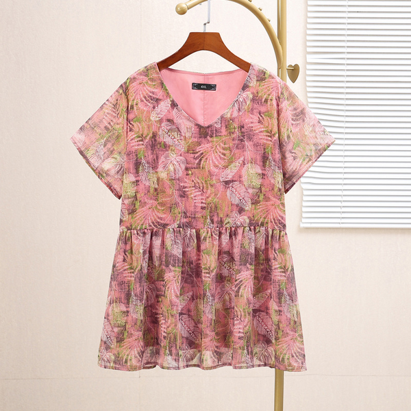 Plus Size Pink Chiffon Peplum Top (EXTRA BIG SIZE)