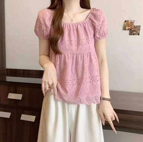 Plus Size Pink Cutout Lace Square Neck Babydoll Top