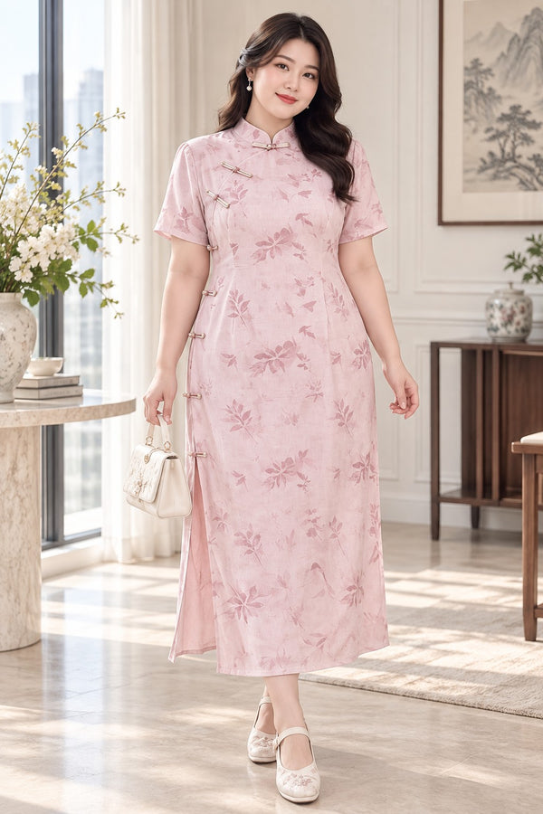 Plus size pink floral qipao midi dress with Mandarin collar and side slit