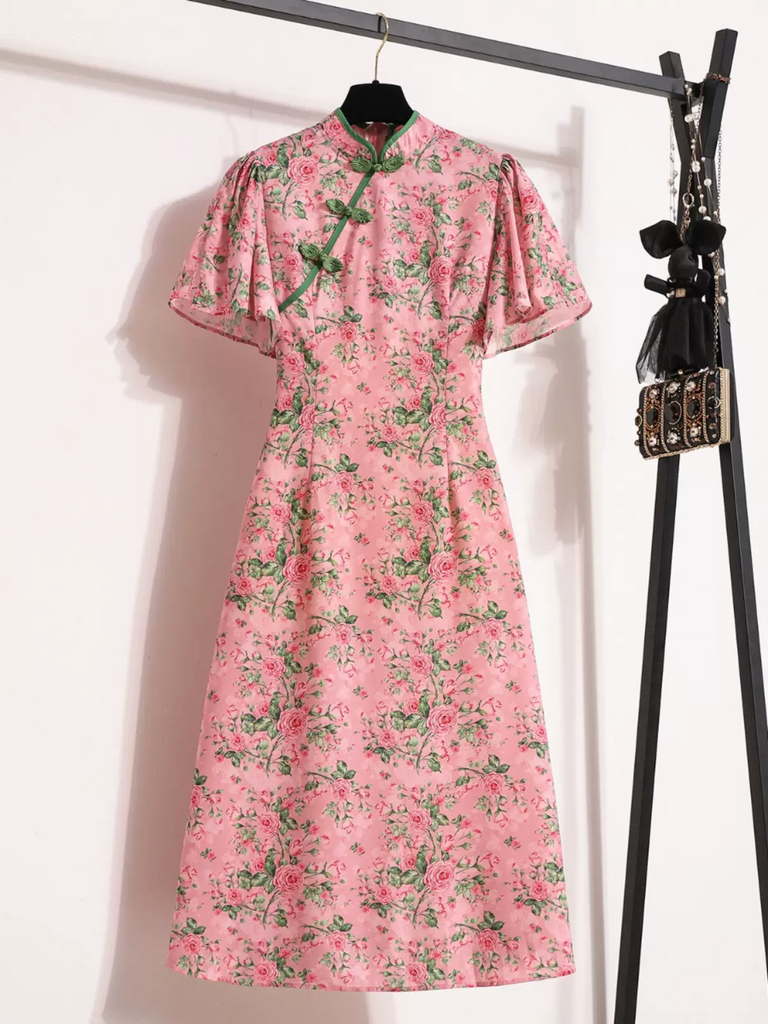 Plus Size Pink Green Floral Vintage Qipao Dress – Pluspreorder
