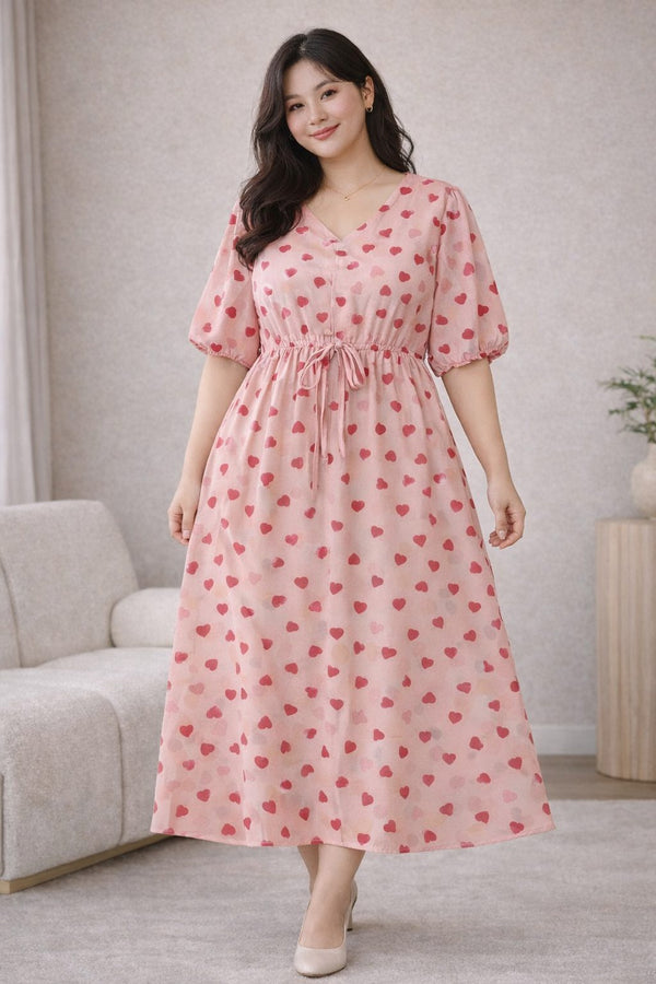 plus size pink heart print midi dress front view