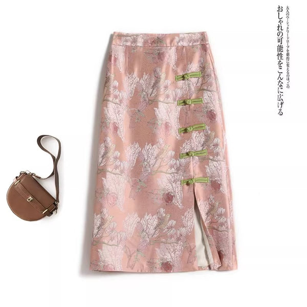 Plus Size Pink Jacquard Oriental Floral Pencil Skirt