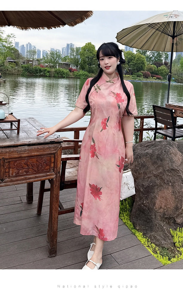 Plus Size Pink Modern Floral Pencil Qipao Dress