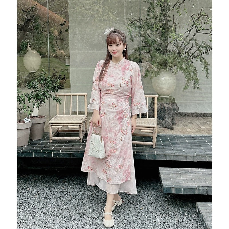 Plus Size Pink Modern Oriental Floral Qipao Midi Dress