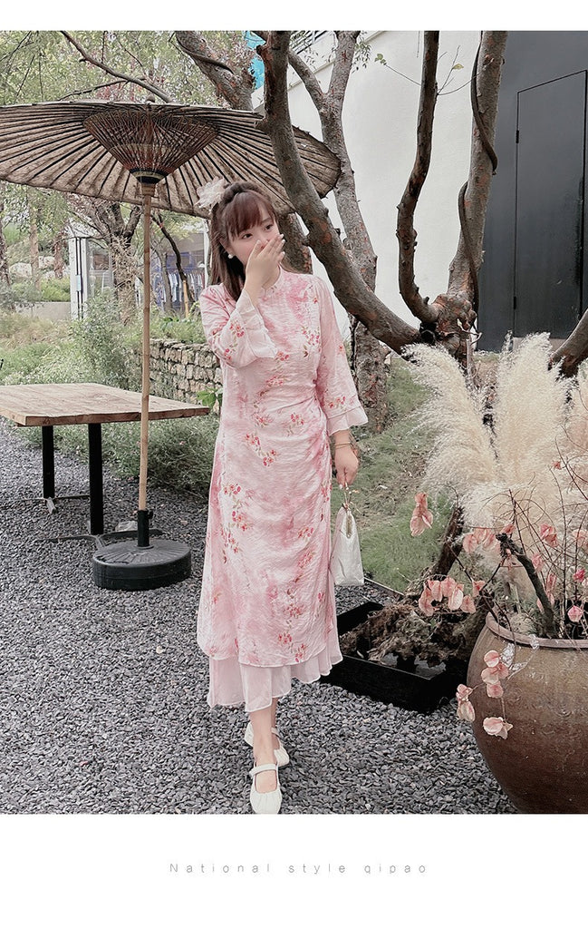 oriental midi dress Plus Size Pink Modern Oriental Floral Qipao Midi Dress – Pluspreorder