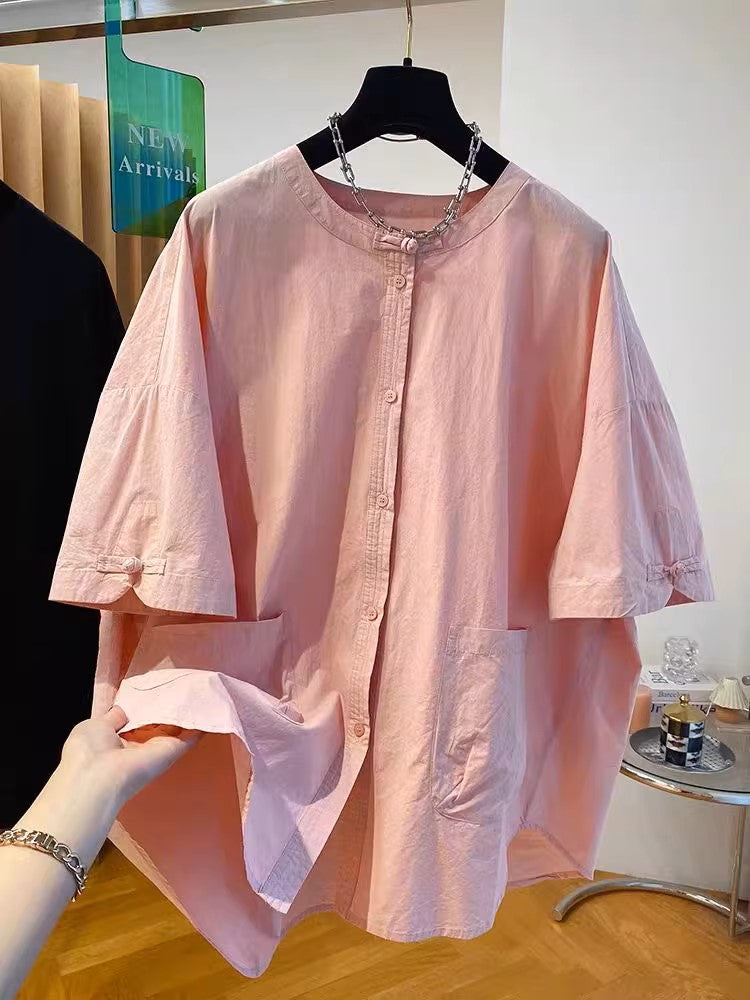 Plus Size Pink Qipao Blouse with Pockets (EXTRA BIG SIZE)