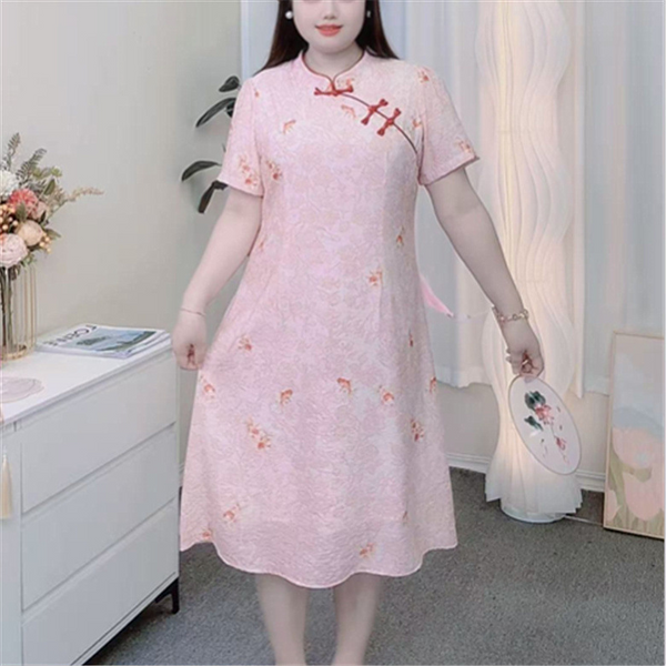 Plus Size Pink Oriental Print Cheongsam Dress (EXTRA BIG SIZE)
