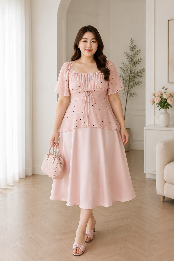 Plus size pink polka dot square neck midi dress front view on model