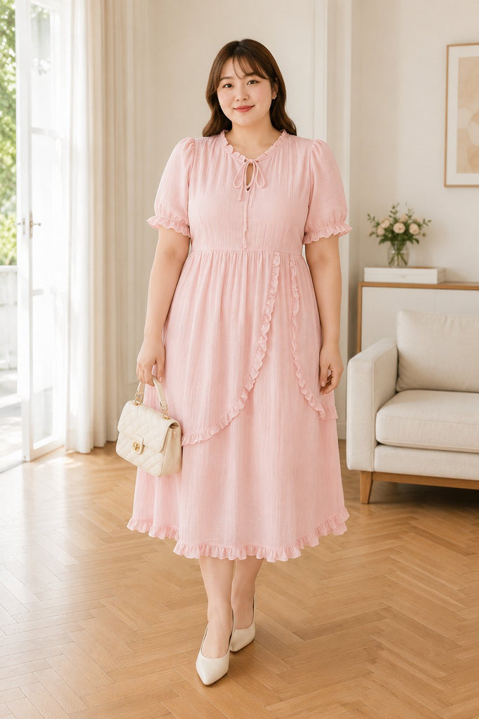 Plus size pink ruffle trim midi dress worn by model front view
