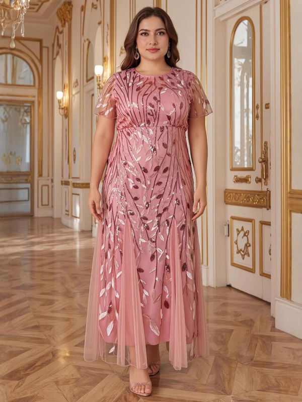 Plus Size Pink Sequin Short Sleeve Evening Dress