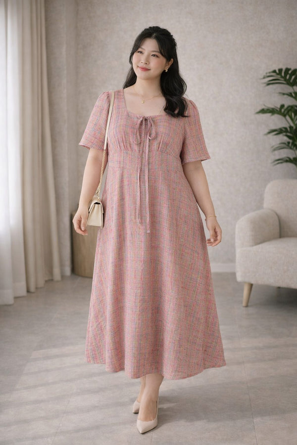 plus size pink square neck midi dress front view