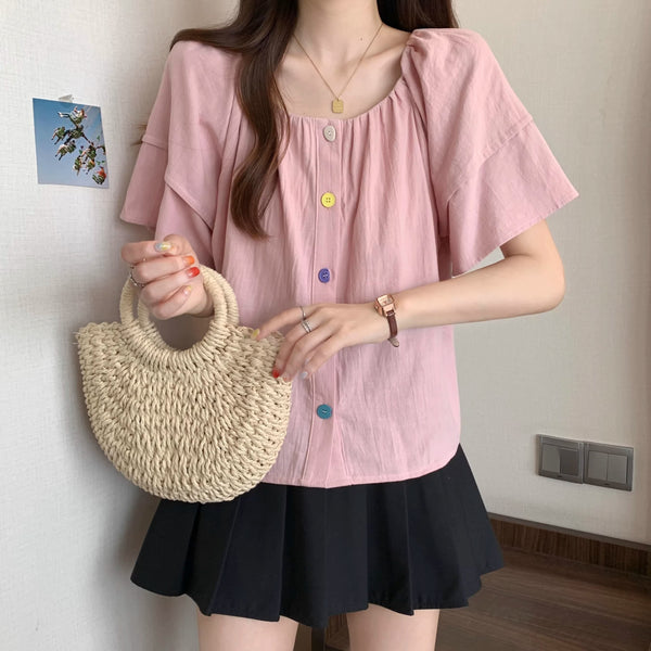 Plus Size Pink Square Neck Rainbow Button Blouse