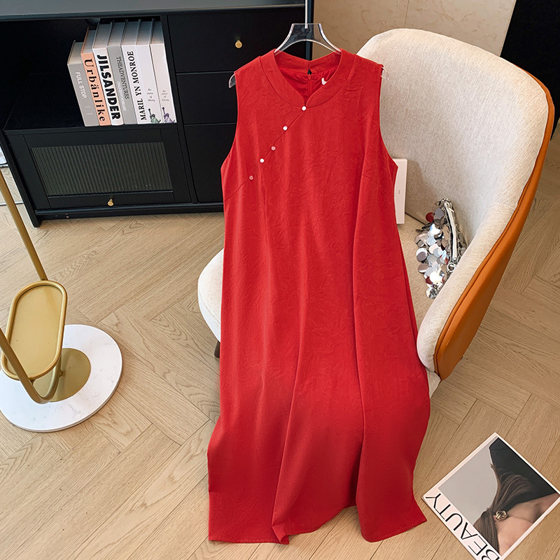 Plus Size Plain Red A Line Sleeveless Cheongsam (EXTRA BIG)