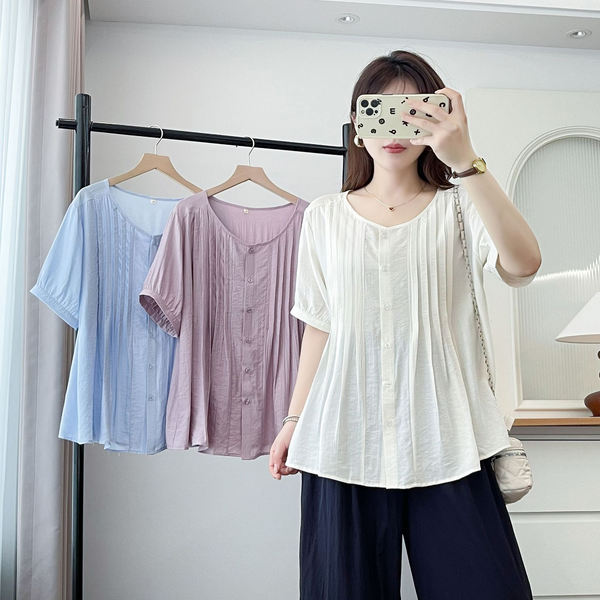 Plus Size Pleat Babydoll A Line Round Neck Blouse