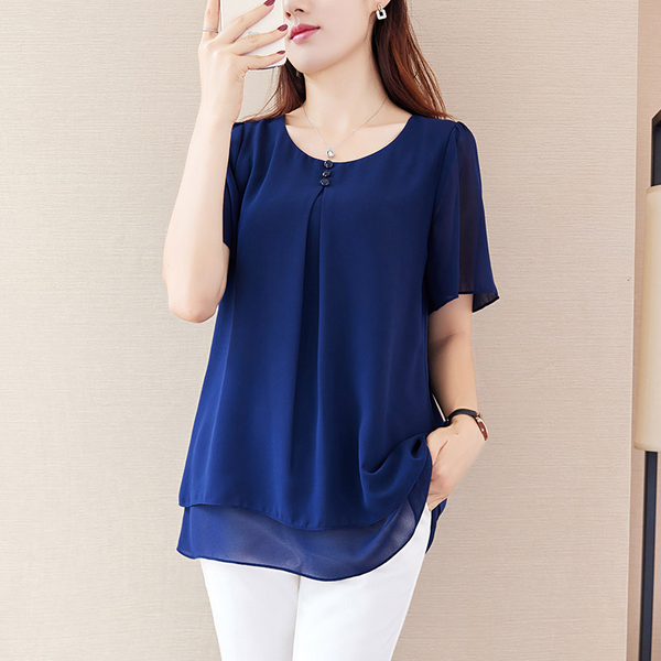 Plus Size Pleat Short Sleeve Chiffon Blouse
