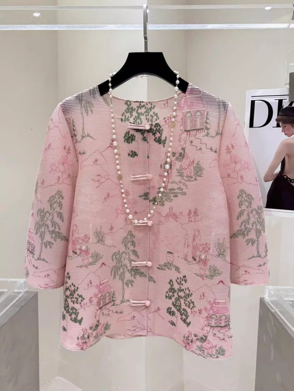 Plus Size Pleated Pink Oriental Scenery Qipao Blouse